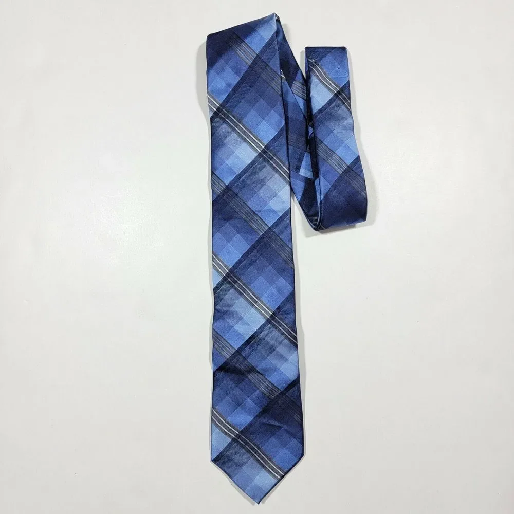 Calvin Klein Neck Tie -‎ Plaid - Navy Blue - Silk - NEW